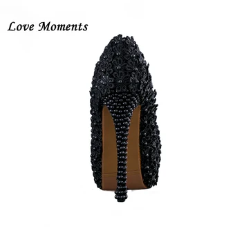 Melns ziedi Pērle līgavas kurpes 11cm/14cm Augstiem papēžiem apaļu purngalu modes sieviešu kāzu kurpes Dāmas Vasaras Puse Sūkņi sieviete