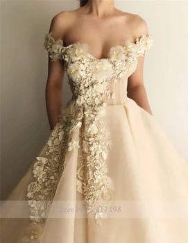 Pie Pleca Šampanieti Tilla 3D Ziedi Aplikācijas Elegants Prom Kleita ar Kristāliem-line Vakara Kleita vestidos de gala