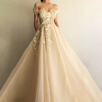 Pie Pleca Šampanieti Tilla 3D Ziedi Aplikācijas Elegants Prom Kleita ar Kristāliem-line Vakara Kleita vestidos de gala