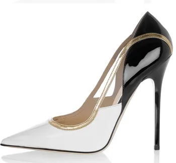 Raibs Black White Gold Cut-Outs Dāmas Sūkņi Vakara Puse Kleita, Kurpes, Sieviete Norādīja Toe Chaussures Sexy Pārāk Augstas Papēži