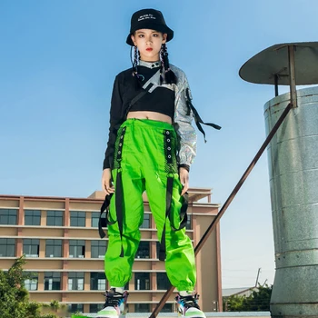 Jaunus Balles Hip Hop Deju Tērpi Meitenēm Modes Vienas Piedurknes Luminiscences Zaļās Bikses Džeza Ielu Deju Tērpiem DN6759