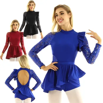 IEFiEL Sieviešu Pieaugušajiem Sequin Mežģīnes Atklātu Atpakaļ Vingrošana Leotard daiļslidošanas Kleitu Deju Tērpus Baleta Balles Dancewear