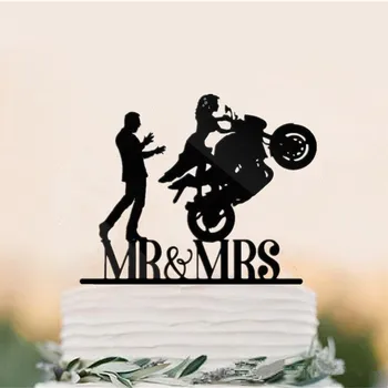 Sajauc Smieklīgi Stila Motocikla Pāris Kāzu Kūka Topper Akrila Līgava Un Līgavainis Kūka Toppers Mr & Mrs Velosipēdu Kūka Topper