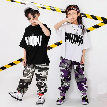 Mazulis Hip Hop Apģērbu Lielgabarīta T Krekls Maskēties Taktiskās Kravas Bikses Meitenēm Zēns Deju Kostīmu Valkāt Balles Deju Apģērbu