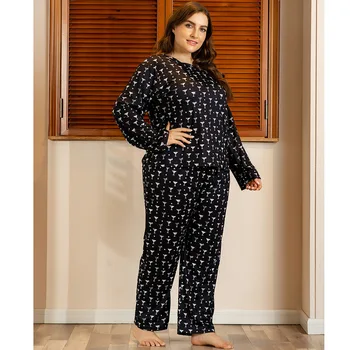 Dāmas rudens ziemas plus lieluma pidžamas komplekts sievietēm mājas valkāt uzvalku ar garām piedurknēm black print T-krekls un bikses 4XL 5XL 6XL 7XL