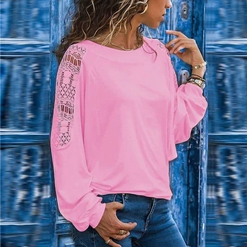 Rudens jaunās modes gadījuma apaļu kakla tīrtoņa krāsu dobi ar garām piedurknēm brīvs T-krekls, krekls, sieviešu apģērbs