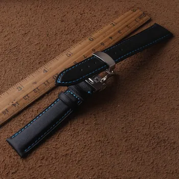 Īstas Ādas Watchband gluda Melna pātagot ādas ar zilu līniju šūtas 18mm 20mm 22mm 24mm tauriņš sprādzes aizdare sudraba