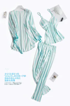 Ir 2021. Jauno Vasaras Striped Pajamas Uzstādīt Viskozes Naktsveļu Sleepwear Long Sleeve Pyjama Komplekts 3 Gabali, V-veida kakla Homewear Sievietēm