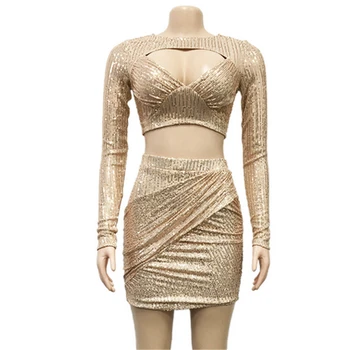 Dāmas Oficiāla Vakara Puse Sexy Sequin ClubWear Garām Piedurknēm Kultūraugu Top Īsi Svārki Vestidos Sievietēm Zelta Vizuļi Bodycon Apģērbs