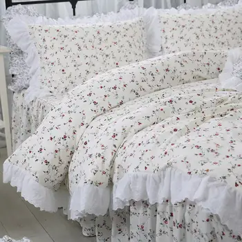Pastorālā ziedu ruffles luksusa gultas komplekts princess mežģīnēm rotātu sabiezēt kokvilnas ropa de cama gultas mala gultas pārklāji YYX