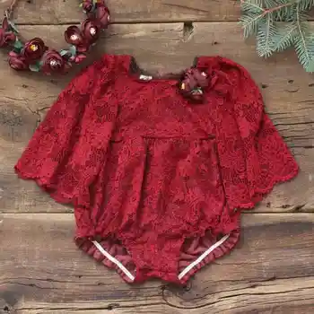Ziemassvētki Sarkans Mežģīņu Kombinezonus Jaundzimušais Meitene Mežģīņu Ziedu Romper Jumpsuit Ziemassvētku Zīdaiņu Apģērbs Sunsuit Tērpiem