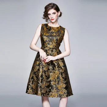 Simgent Žakarda Kleita korejas Vasaras Modes Sievietes bez Piedurknēm Līnijas Zelta Elegants Vintage Kleita Vestidos Drēbes Femme SG061211