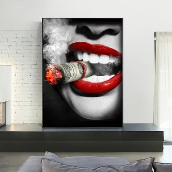 Sieviešu Smēķēšanas Plakāti Sexy Sarkanu Lūpu Atdzist Portrets Eļļas Gleznas uz Audekla Bārs Sienas Dekoru, Piekārtiem Bildes Mājas Apdare