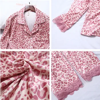 Daeyard Luksus Zīda 2 Gabali, Pidžamas Komplekts Seksīgi Rozā Leopard Sleepwear Rudens Ziemas Sieviešu Mežģīņu Apdari Pidžamas Gadījuma Homewear