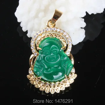Fancy Akmens Imitācijas Green Jade Buddha Inkrustēts Rhinestone Kulons 1GB