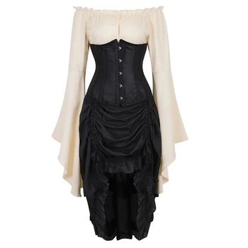 Kleita korsete underbust top svārki 3-gabalu priekšā augsta un zema cosplay kostīmu plus lieluma bustier korsetes burleska vintage black