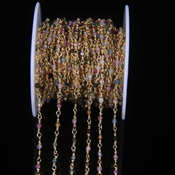5Meter Dabas Krāsains Turmalīna 2mm Slīpētas Apaļas Pērles Rožukroni Ķēdes,Zelta Misiņa Stieples Ietin Kaklarota, Aproce Džemperis Ķēdes