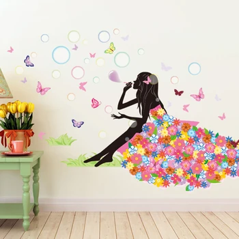[shijuekongjian] Karikatūra Meitene, Sienas Uzlīmes DIY Burbuļi Ziedu Taureņi Sienas Uzlīmes Dzīvojamā Istaba Bērnu Istabas Apdare