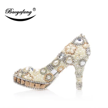 BaoYaFang Jaunas ielidošanas Šampanietis kristāla Sieviešu Kāzu kurpes Sieviete, ziloņkaula pērles platformas kurpes Luksusa Augstas kurpes īsta āda