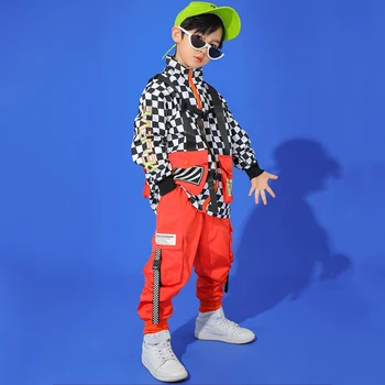 Hip Hop Deju Kostīms Zēniem, Meitenes ar garām Piedurknēm Hiphop Apģērba Režģu Topi Sarkanas Bikses Balles Džeza Deju Apģērba Parādīt Valkāt BL5187